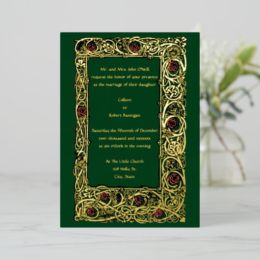 Art Nouveau Roos Vine & Clover Border Wedding Folie Uitnodiging (Staand Voorkant)
