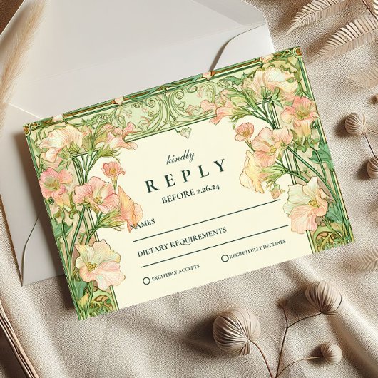 Art Nouveau Roze Sweet Pea Wedding RSVP Kaartje