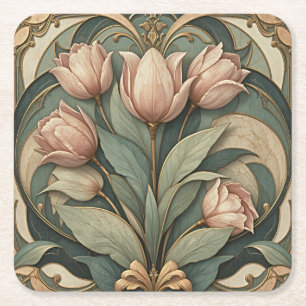 Art Nouveau Roze Tulpen Bloemen Papier Onderzetter
