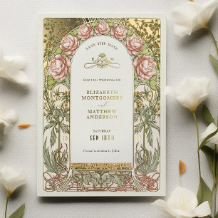 Art Nouveau Save the Date Trouwkaart Goud Folie Uitnodiging