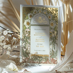 Art Nouveau Save the Date Trouwkaart Goud Folie Uitnodiging