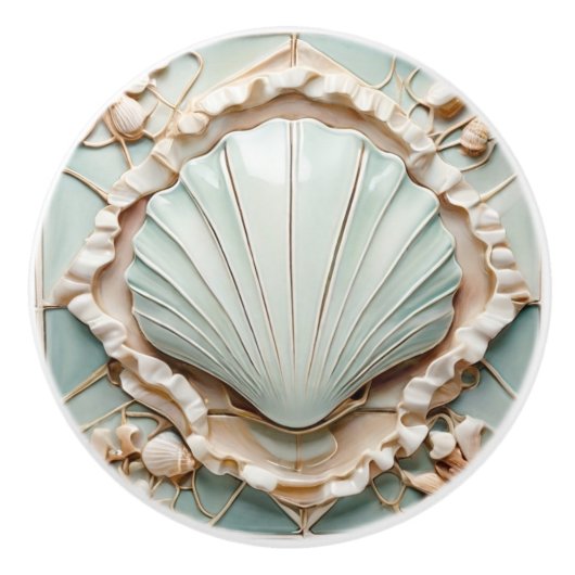 Art Nouveau Seashell Faux Relief Mint Clam Shell Keramische Knop (Voorkant)