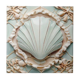 Art Nouveau Seashell Faux Relief Mint Clam Shell Tegeltje