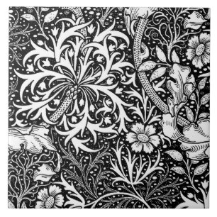 Art Nouveau Seaweed Floral, Black en White Tegeltje