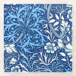 Art Nouveau Seaweed Floral, Cobalt Blue en White Glazen Onderzetter