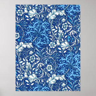 Art Nouveau Seaweed Floral, Cobalt Blue en White Poster