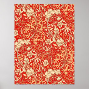 Art Nouveau Seaweed Floral, Deep Coral Oranje Poster