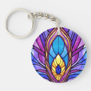 Art Nouveau Stijl Glas in lood Peacock Veer Sleutelhanger