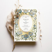 Art Nouveau Stofblauwe & Gouden Rozen Bruiloft Kaart