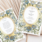 Art Nouveau Stofblauwe & Gouden Rozen Bruiloft Kaart