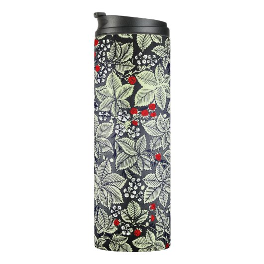 Art Nouveau Strawberries en bladeren, zilvergrijs Thermosbeker (Geroteerd rechts)