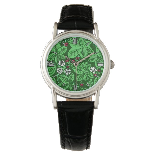 Art Nouveau Strawberries en Leaves, Emerald Green Horloge (Voorkant)