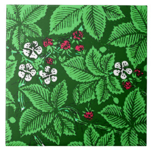 Art Nouveau Strawberries en Leaves, Emerald Green Tegeltje