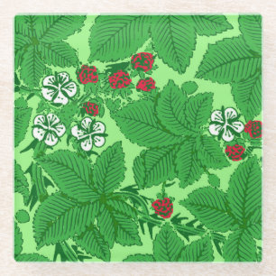 Art Nouveau Strawberries en Leaves, Lime Green Glazen Onderzetter
