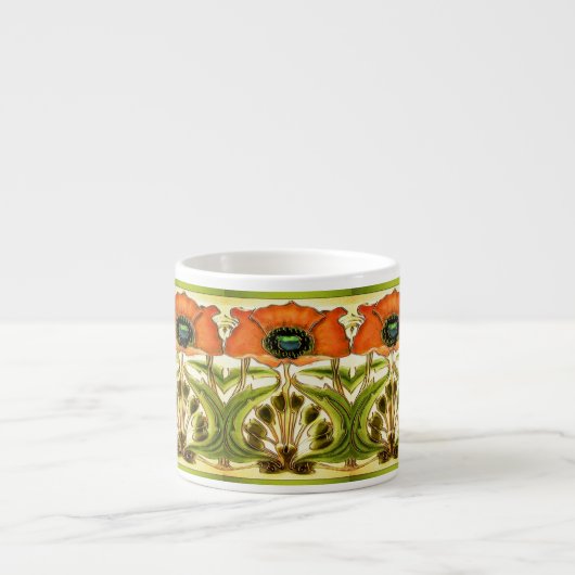 ART NOUVEAU STYLIZED GREEN RED POPPY ESPRESSO KOP (Voorkant)