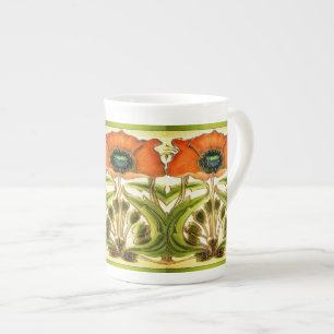 ART NOUVEAU STYLIZED GREEN RED POPPY PORSELEIN KOP