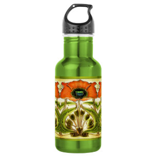 ART NOUVEAU STYLIZED GREEN RED POPPY WATERFLES