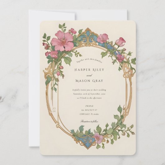 Art Nouveau Sweet Pea Floral Wedding Kaart (Voorkant)