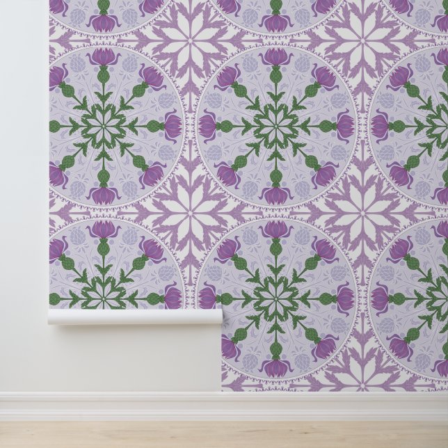 Art Nouveau Thistle Pattern in Paarse en groene Behang (Applicatie)