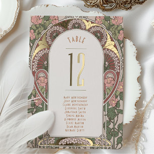 Art Nouveau Trouwtafel Nummer met Gouden Accenten Folie Uitnodiging