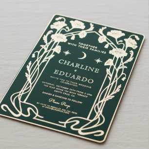 Art Nouveau Trouwuitnodiging in bosgroen en goud Folie Uitnodiging