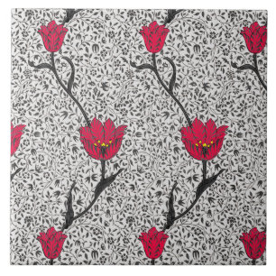 Art Nouveau Tulip Damask, Grey and Red Tegeltje