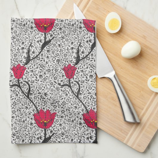 Art Nouveau Tulip Damask, Grey and Red Theedoek (Quarter Fold)