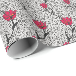 Art Nouveau Tulp Damast, Grijs en Rood Cadeaupapier