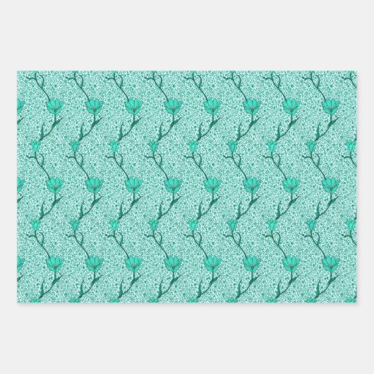 Art Nouveau Tulp Damast, Turquoise, Grijs, Koraal Inpakpapier Vel (Voorkant)