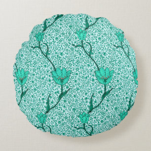 Art Nouveau Tulp Damast, Turquoise Rond Kussen