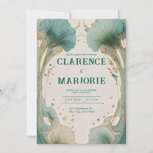 Art Nouveau Turquoise Gouden Ginkgo Blad Trouwring Kaart