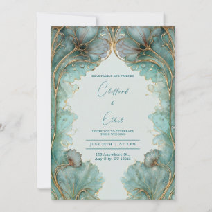 Art Nouveau Turquoise Gouden Ginkgo Blad Trouwring Kaart