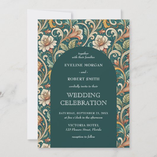 Art Nouveau turquoise ivoren bloemen bruiloft Kaart (Voorkant)