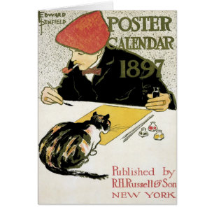 Art Nouveau vintage, artiste peignant avec un chat