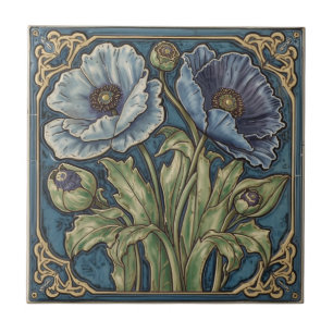 Art Nouveau Vintage Blauwe Papavers Bloem Tegeltje