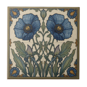 Art Nouveau Vintage Blauwe Papavers Bloemmotief Tegeltje