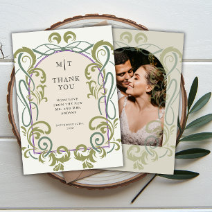 Art Nouveau Vintage Bloem Foto Beginletters Trouwe Bedankkaart