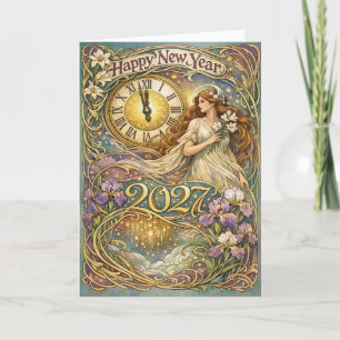 Art Nouveau Vintage Bloemige Gelukkig Nieuwjaar 20 Feestdagen Kaart