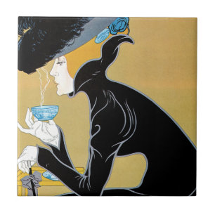 Art Nouveau vintage, dame drinkt Marco Polo thee Tegeltje