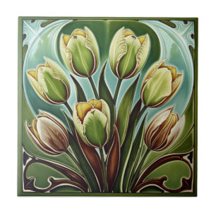 Art Nouveau vintage gele tulpen bloemmotief  Tegeltje