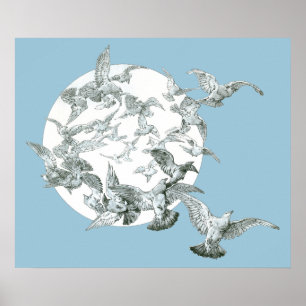 Art Nouveau Vintage Kudde Vogels met Volle Maan Poster