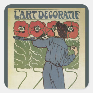 Art Nouveau vintage, kunstenaar schildert klaproze Vierkante Sticker