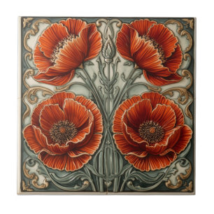 Art Nouveau Vintage Rode Klaprozen Bloemstuk Tegeltje