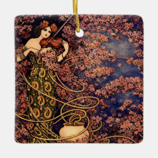 Art Nouveau Violinist in Blossoms – Vintage Floral Keramisch Ornament