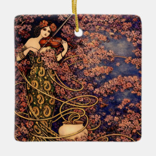 Art Nouveau Violist in Bloesems – Vintage Bloemmot Keramisch Ornament