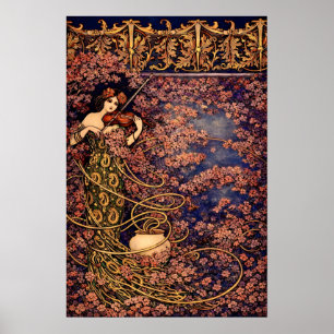 Art Nouveau Violist in Bloesems – Vintage Bloemmot Poster
