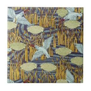 Art Nouveau Vogel & Moeras Natuur Patroon Antiek S Tegeltje
