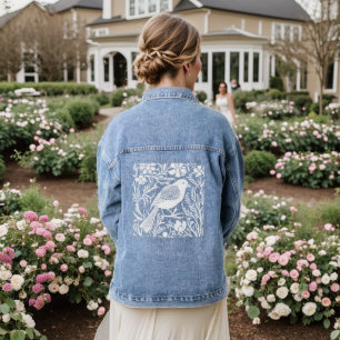 Art Nouveau Vogel op een Tak met Bloemen in Wit Denim Jacket