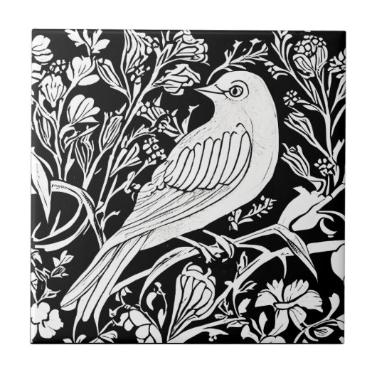 Art Nouveau Vogel op een Tak met Bloemen in Wit Tegeltje (Voorkant)