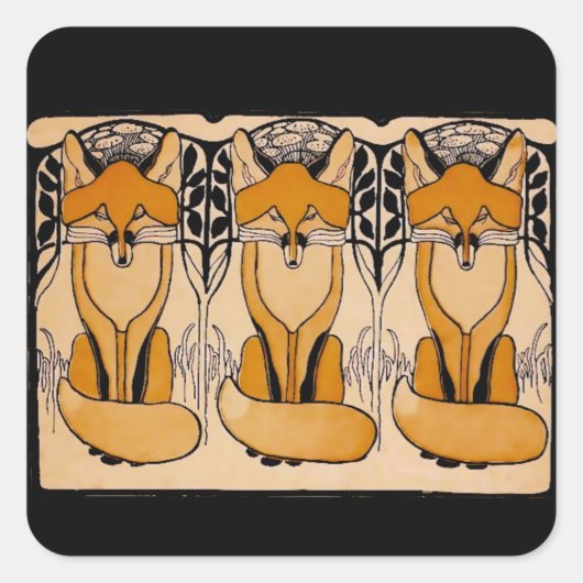Art Nouveau Vossen Illustratie | Bos Dieren Vierkante Sticker (Voorkant)